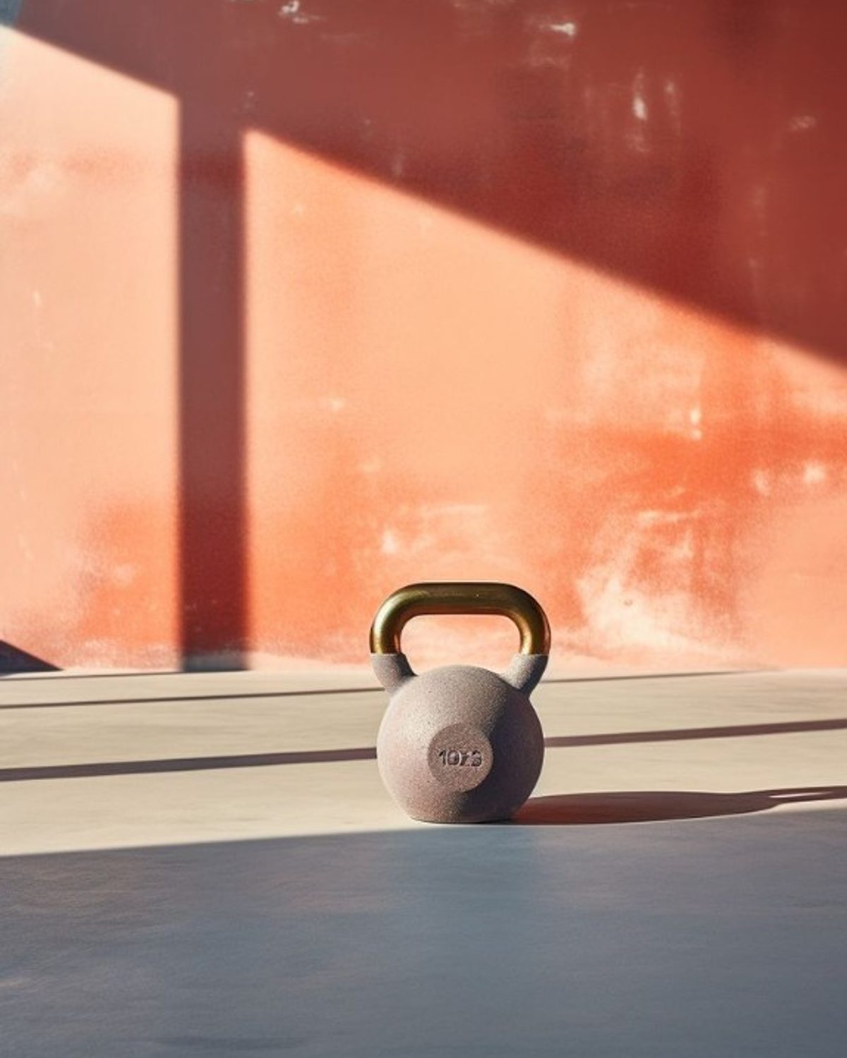 Kettlebell de 10 kg amb nansa daurada davant d'una paret terracota a Studio 110, centre d'entrenament de força a Palma de Mallorca